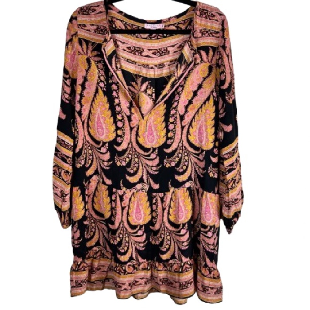 Calypso St. Barth 100% Silk Boho Paisley Tunic Dress Black Pink Yellow Size S